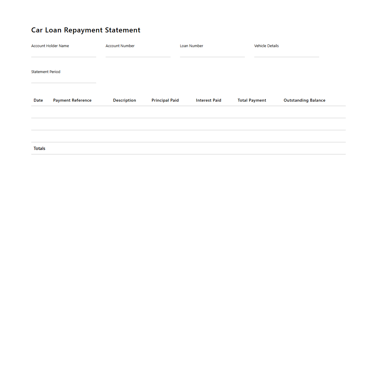 Blank Car Loan Repayment Statement