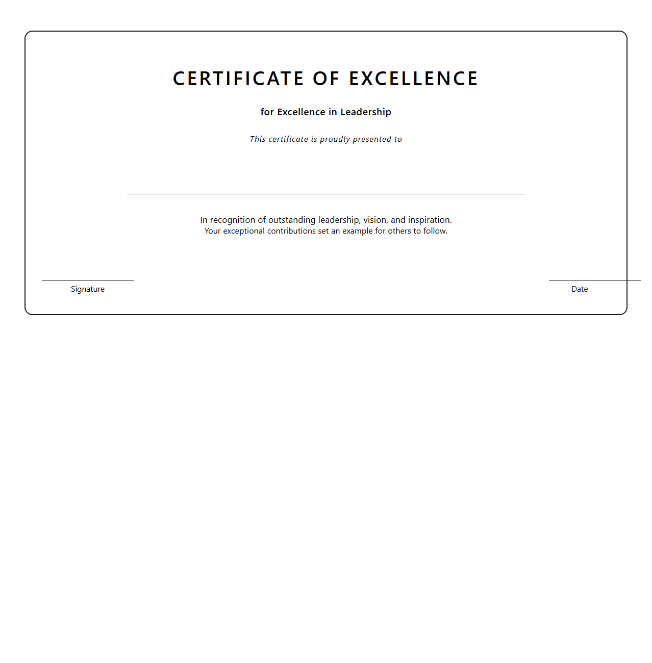 Blank Certificate Template for Excellence in Leadership