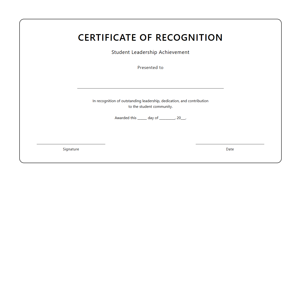 Blank Certificate Template for Student Leadership Recognition