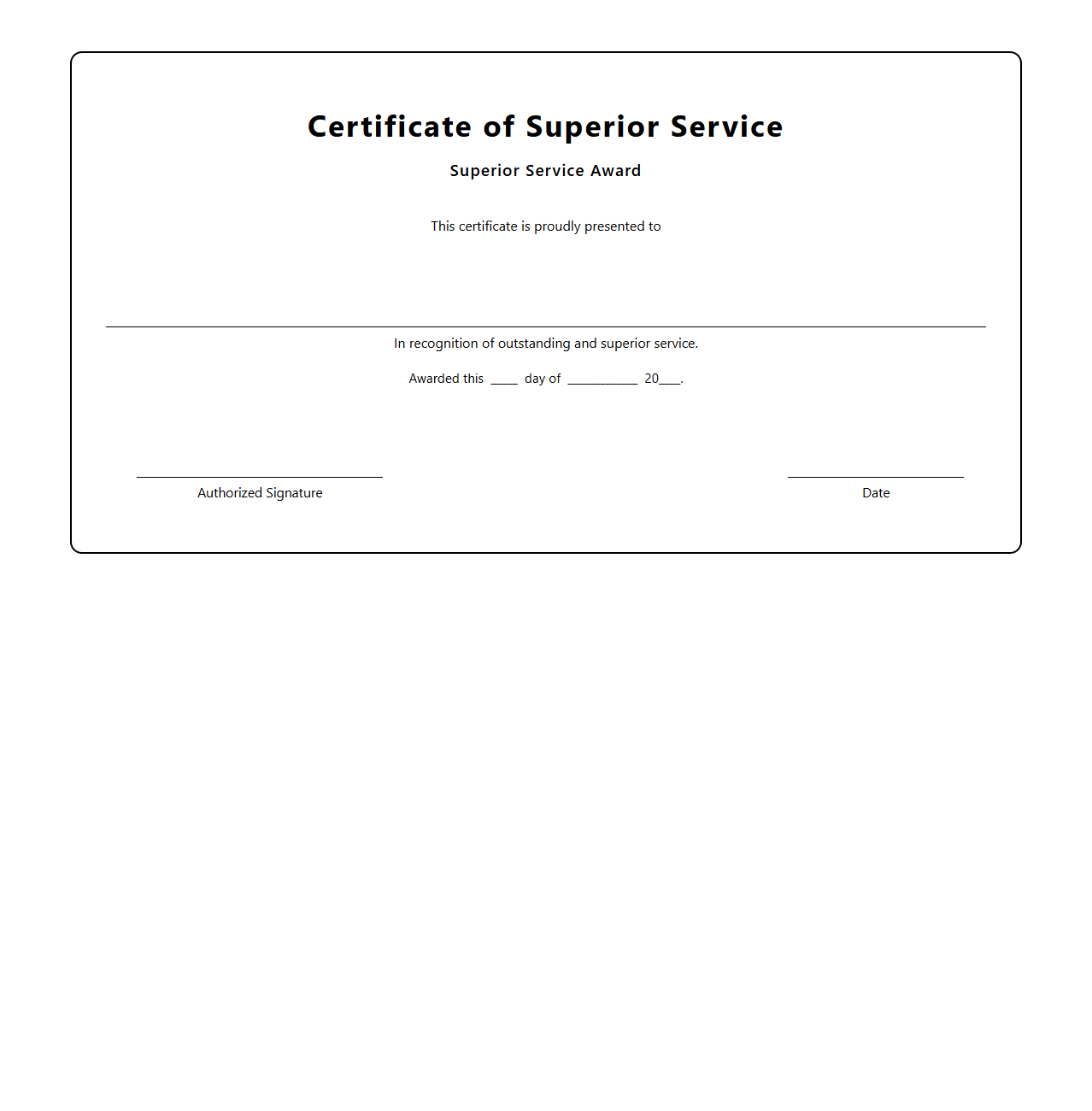 Blank Certificate Template for Superior Service Award