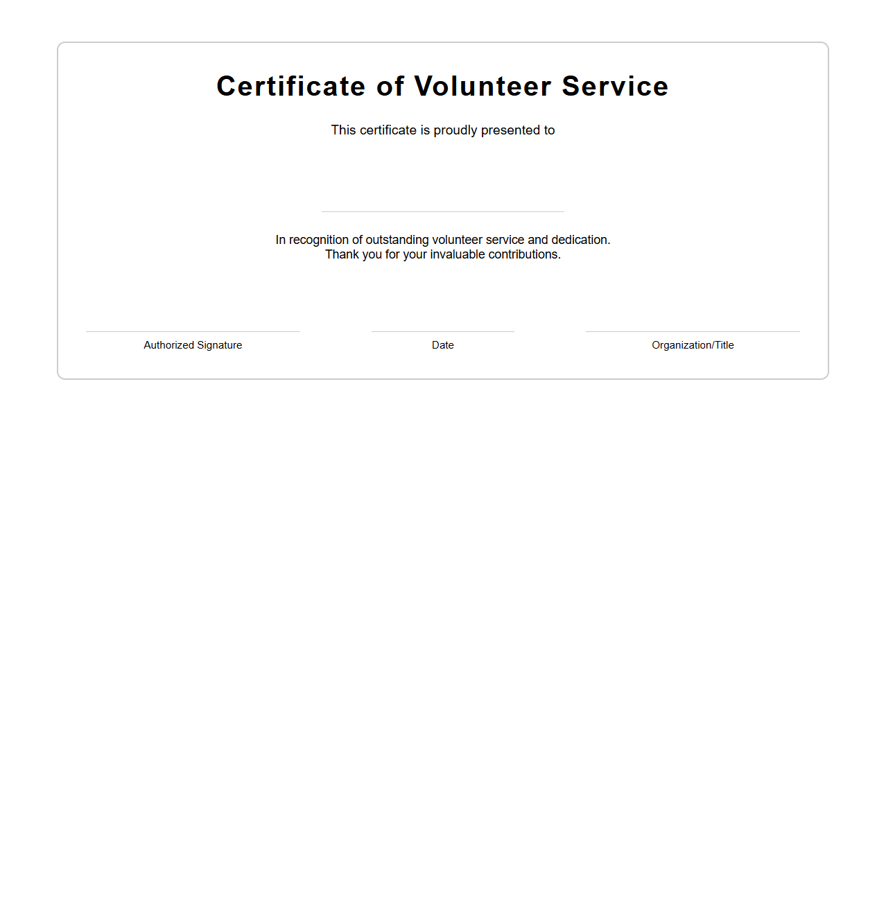 Blank Certificate Template for Volunteer Service