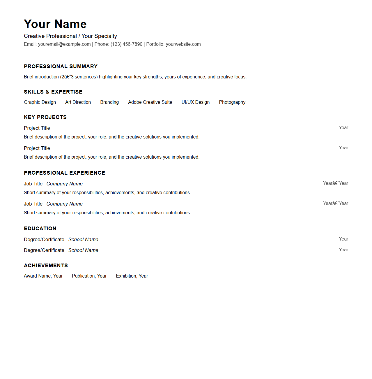 Blank Combination Resume Template for Creative Professionals