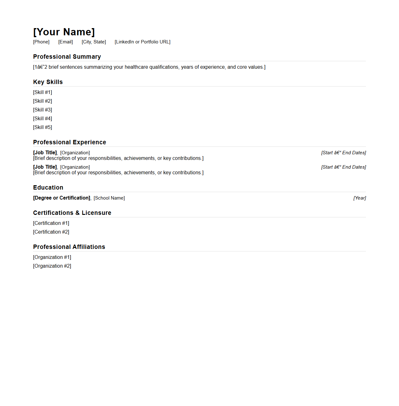 Blank Combination Resume Template for Healthcare Professionals