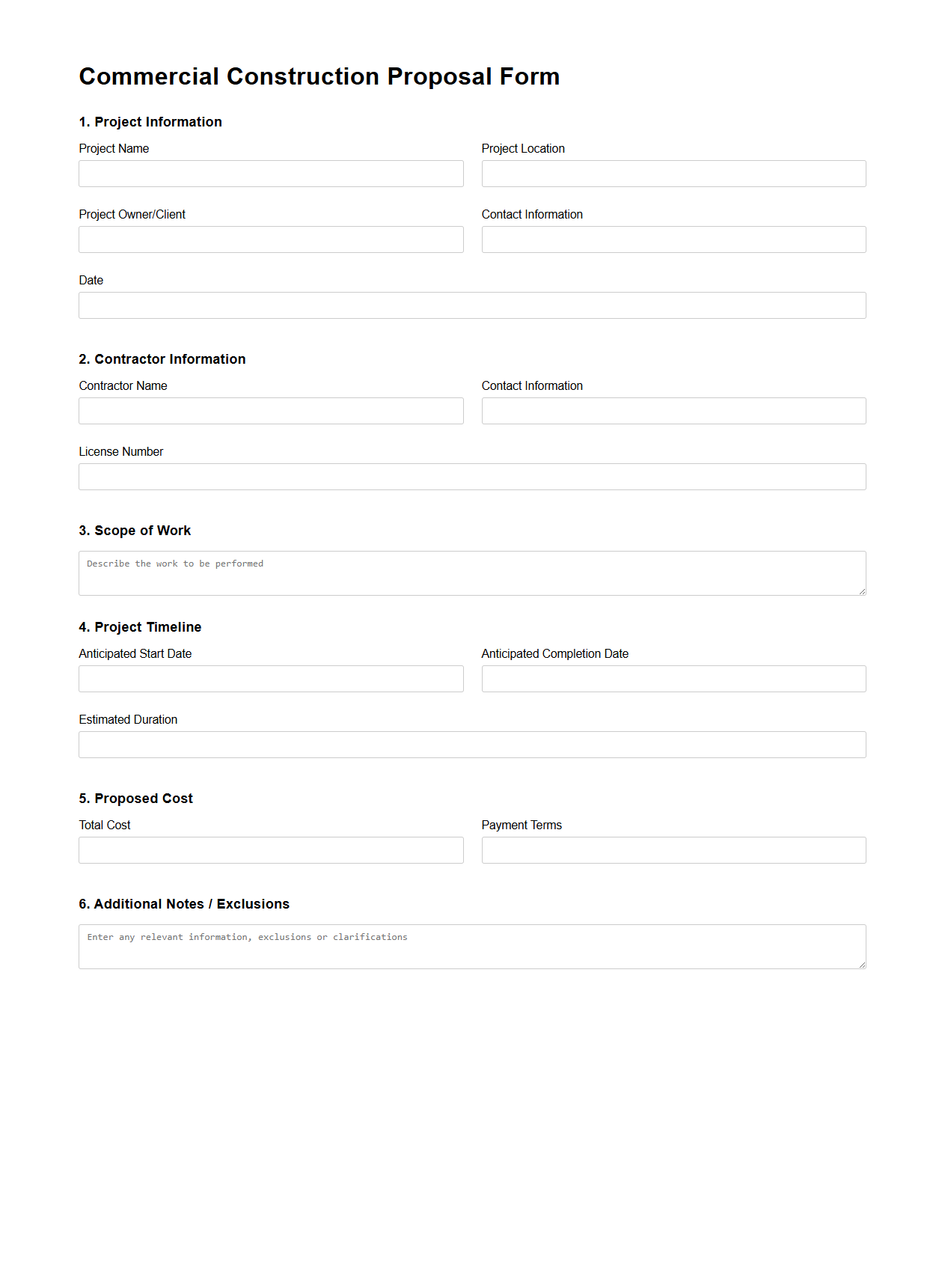 Blank Commercial Construction Proposal Form