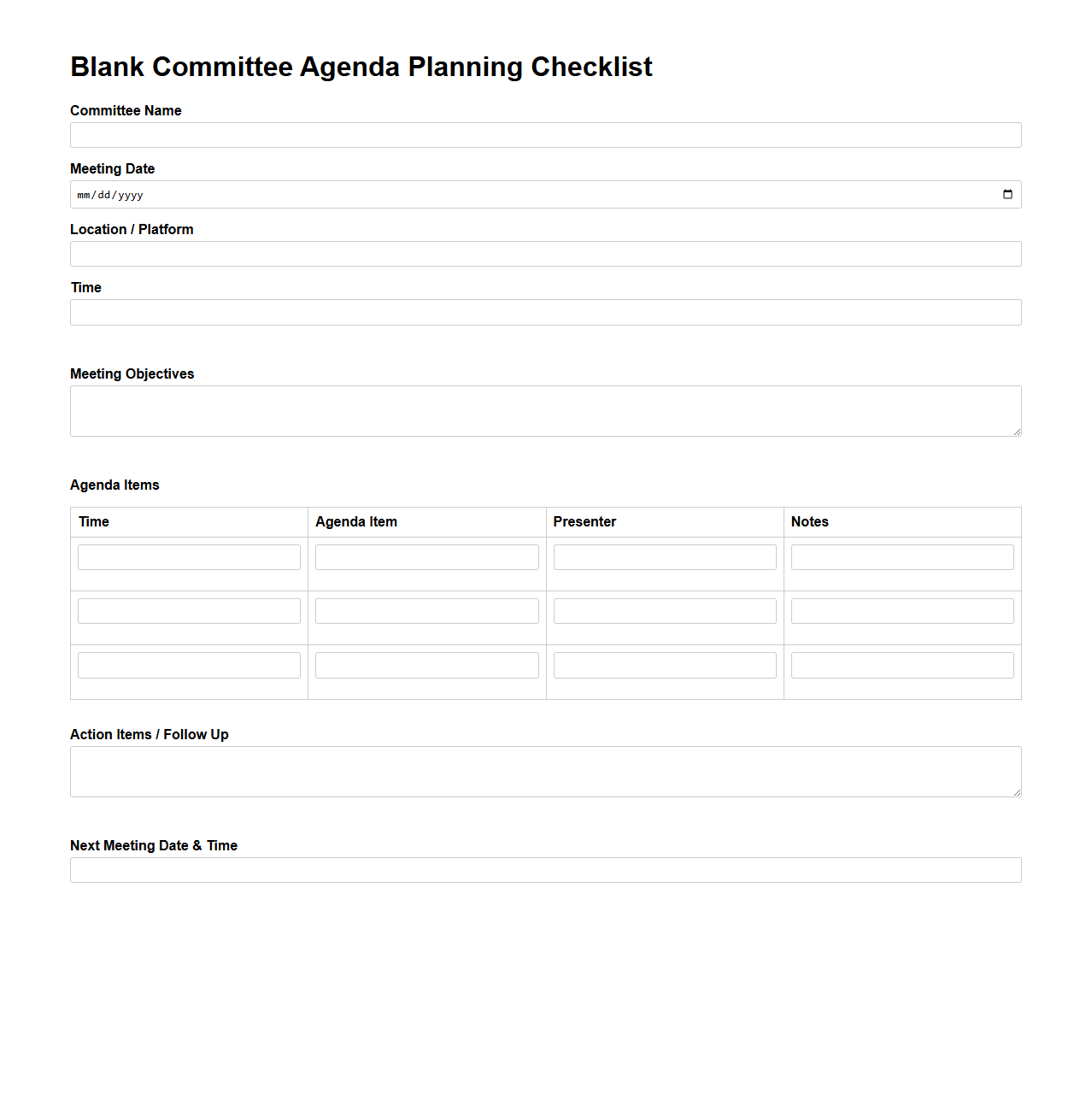 Blank Committee Agenda Planning Checklist