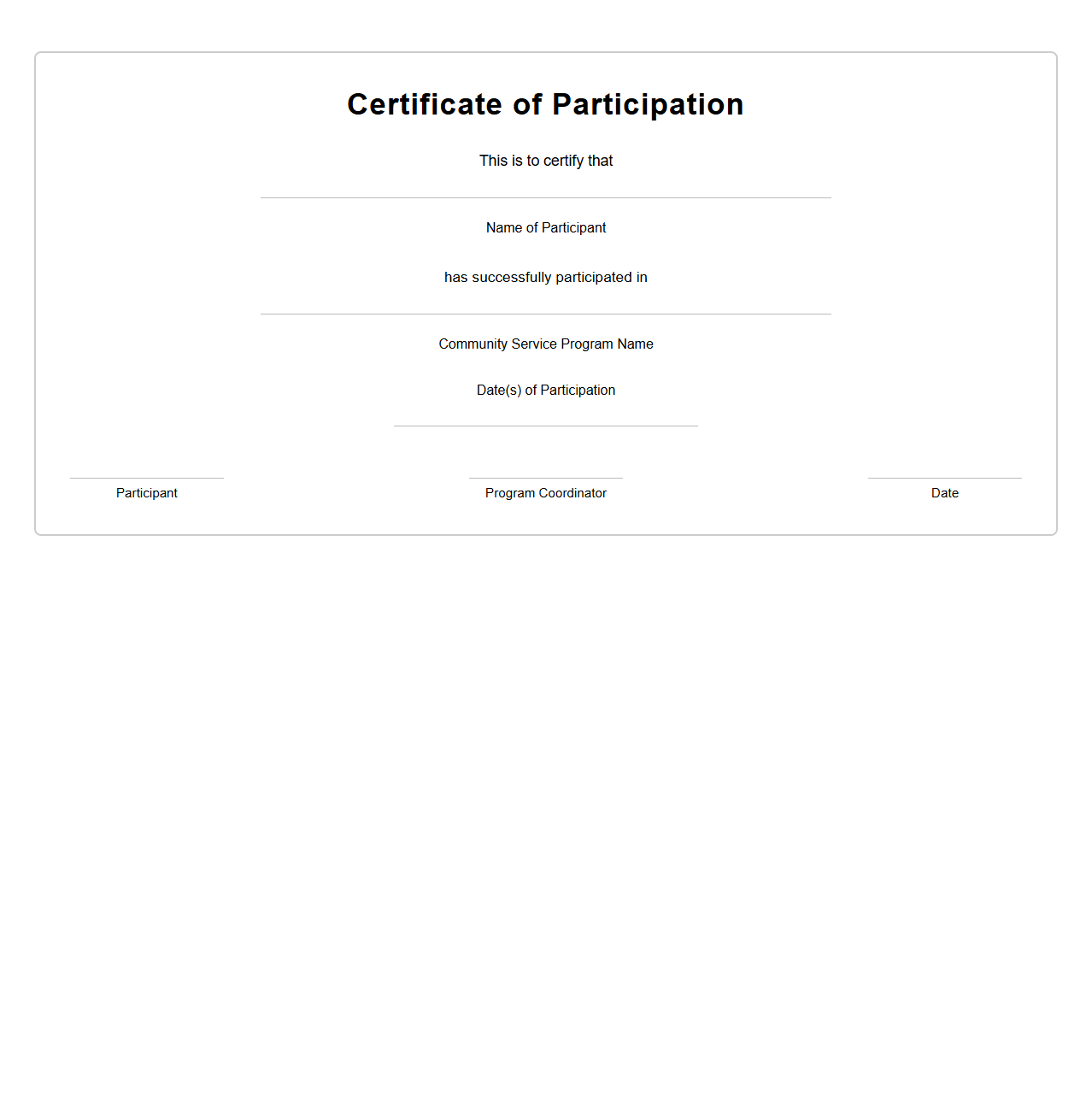 Blank Community Service Participation Certificate Template