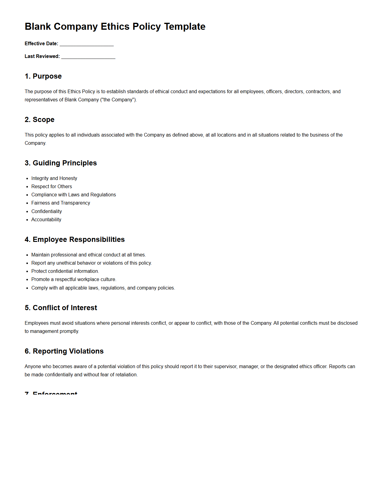 Blank Company Ethics Policy Template