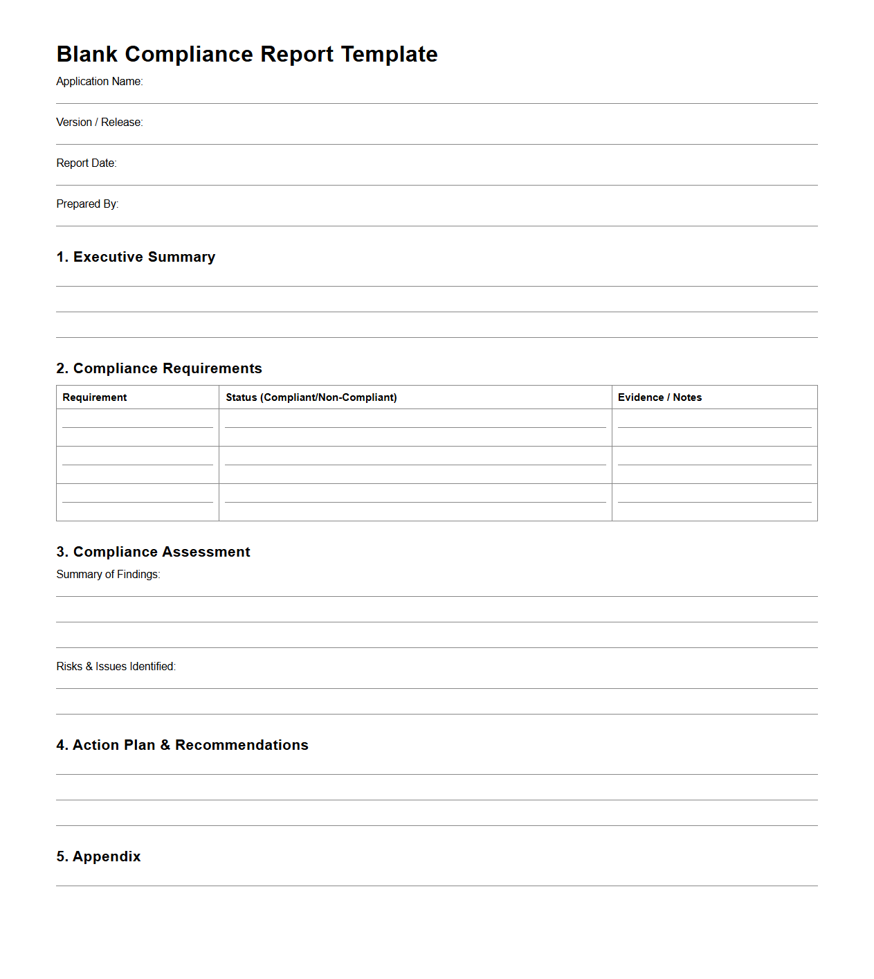 Blank Compliance Report Template for Applications