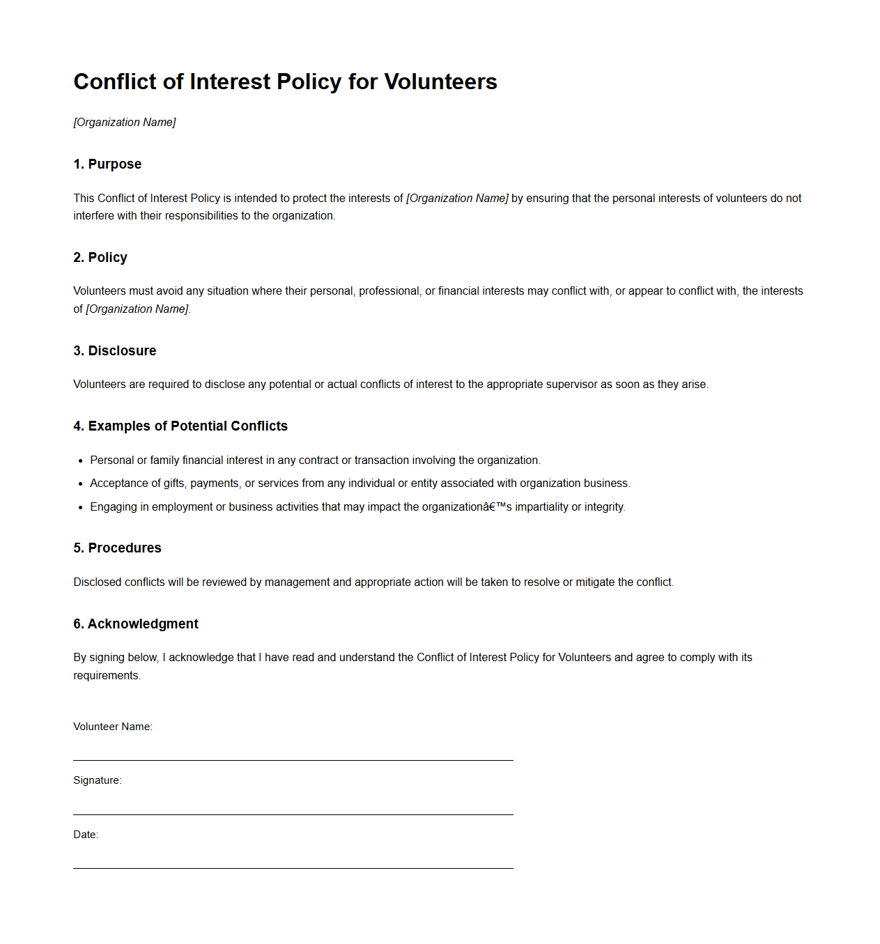 Blank Conflict of Interest Policy for Volunteers