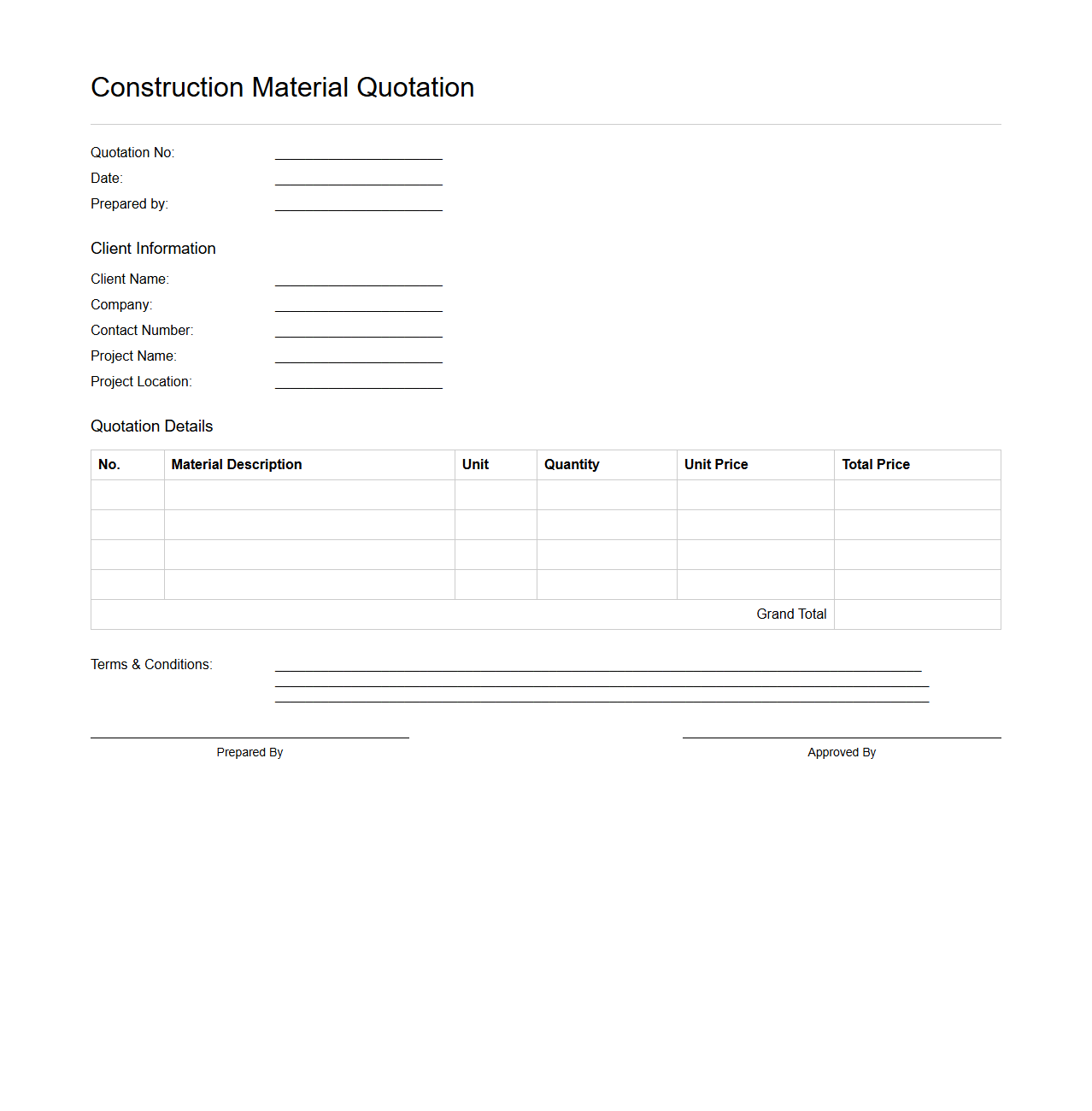 Blank Construction Material Quotation Sample