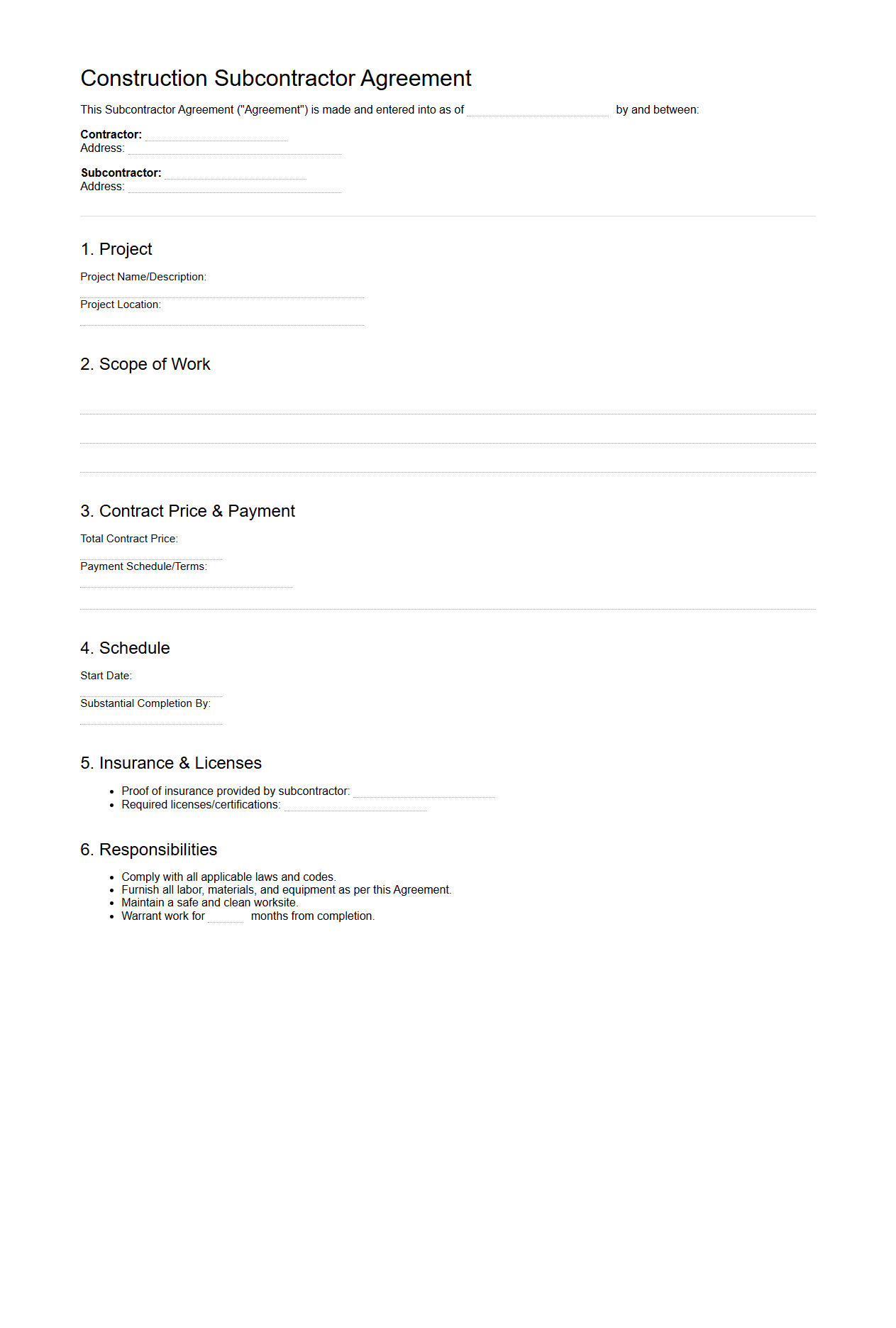 Blank Construction Subcontractor Agreement for New Developments