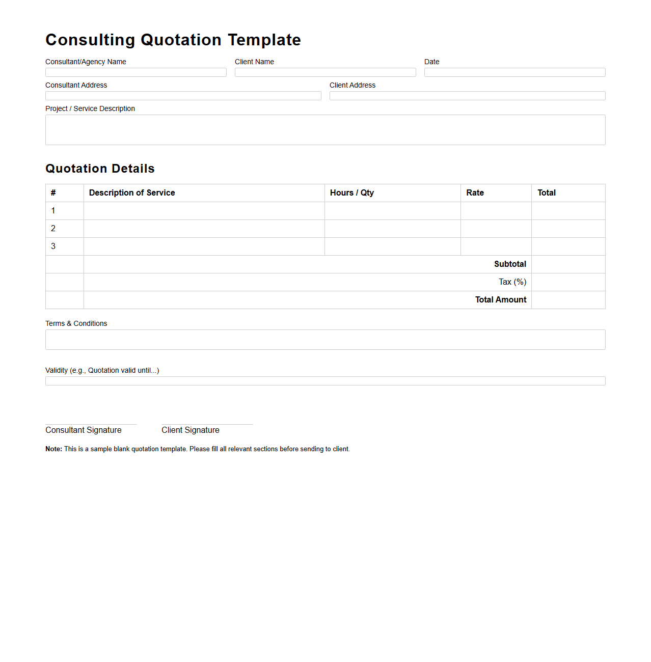 Blank Consulting Quotation Template for Contracts