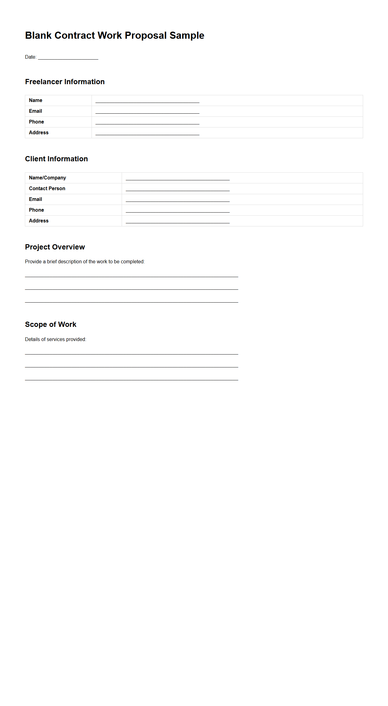 Blank Contract Work Proposal Sample for Freelancers