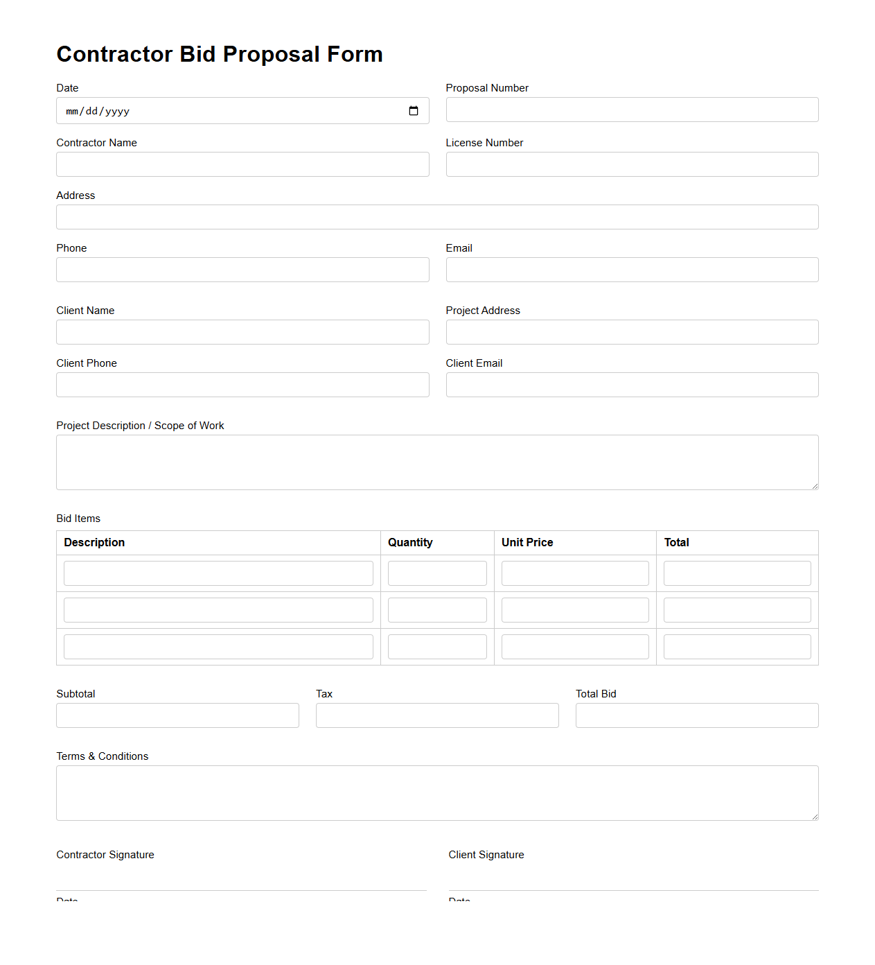 Blank Contractor Bid Proposal Form