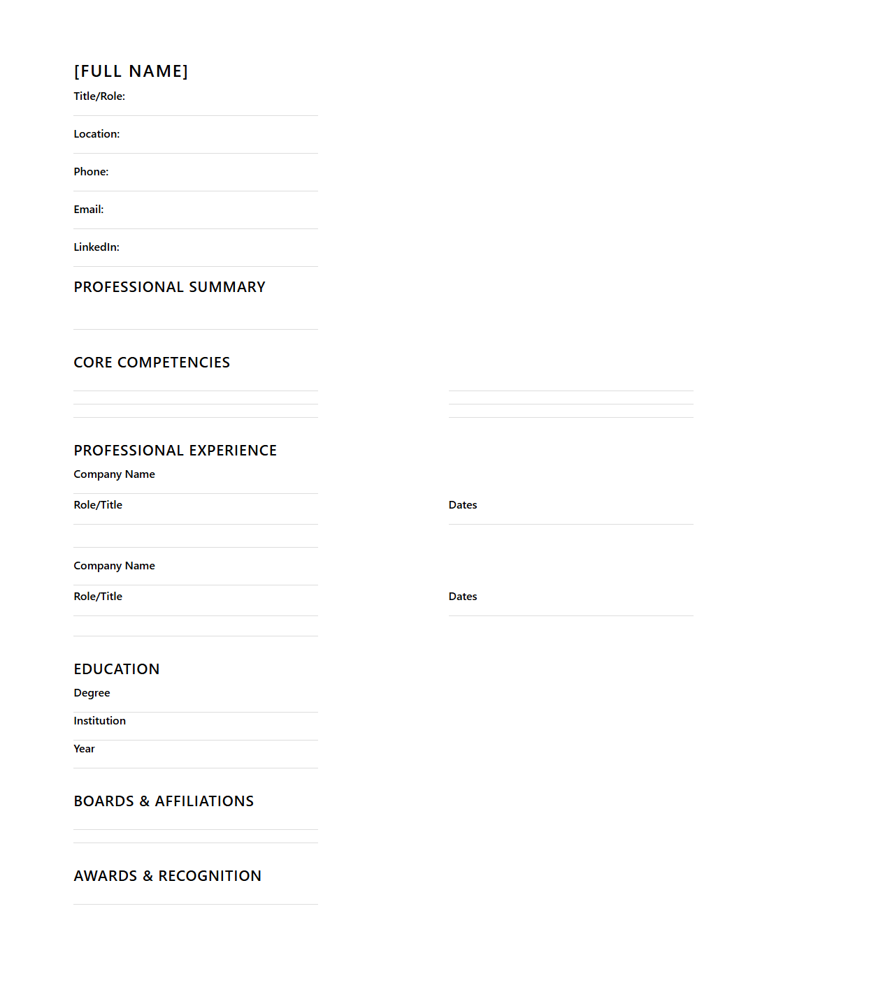 Blank Corporate Leader Resume Framework