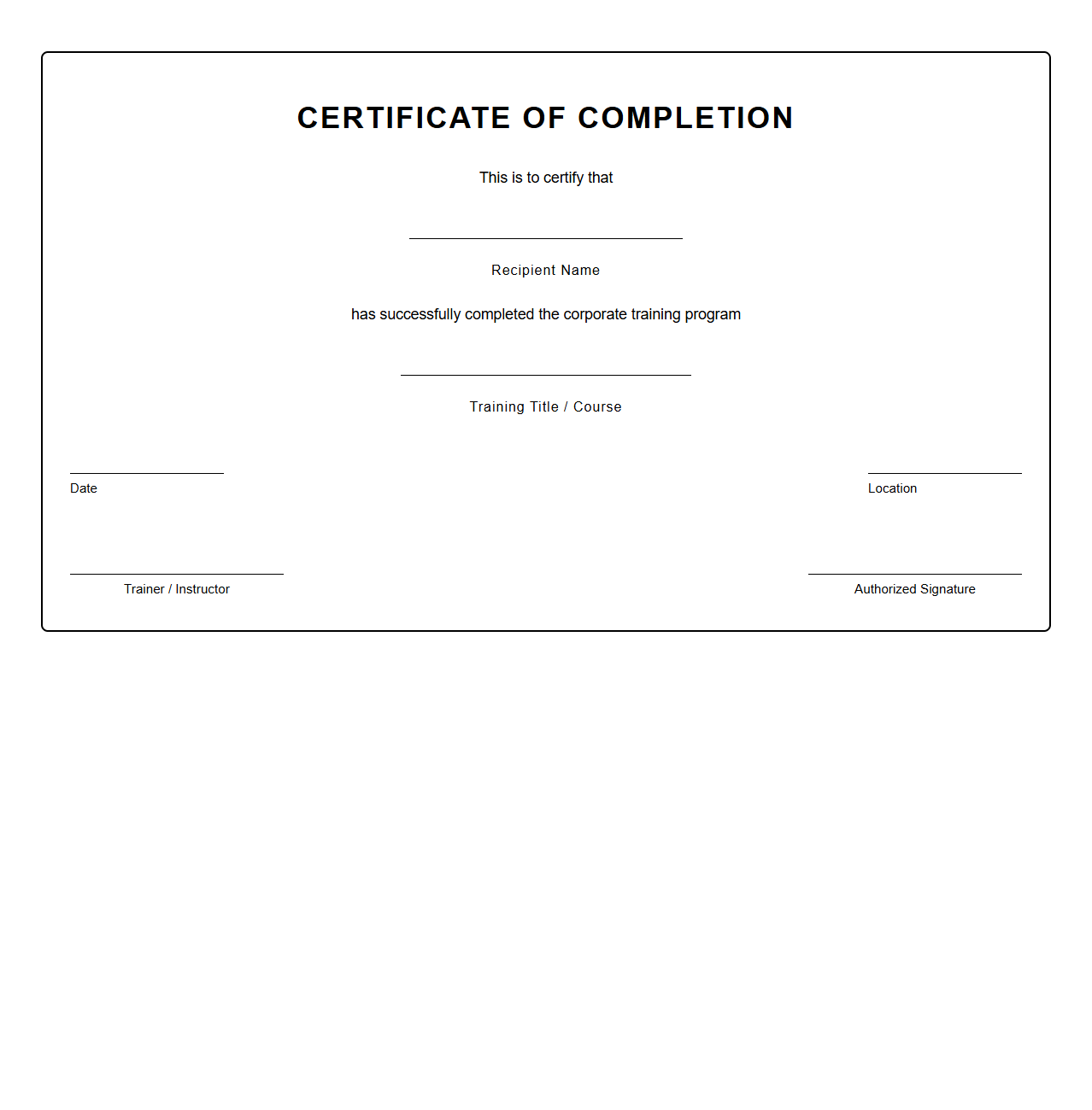 Blank Corporate Training Certificate Template