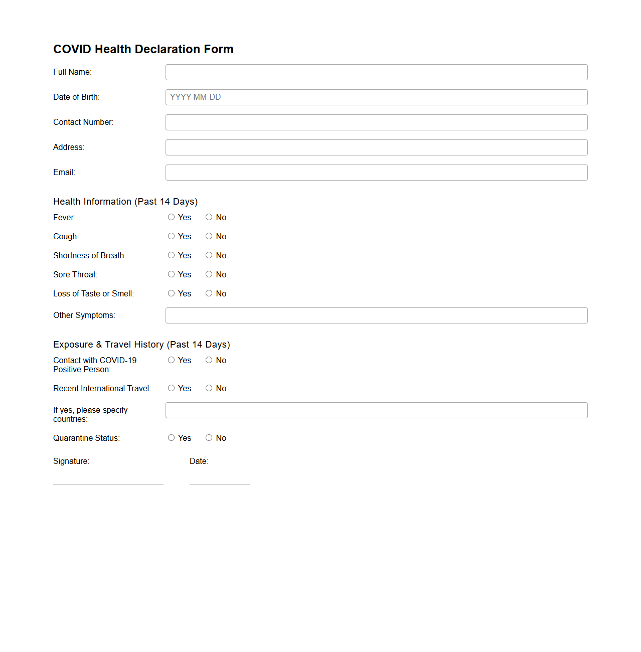 Blank COVID Health Declaration Form Template