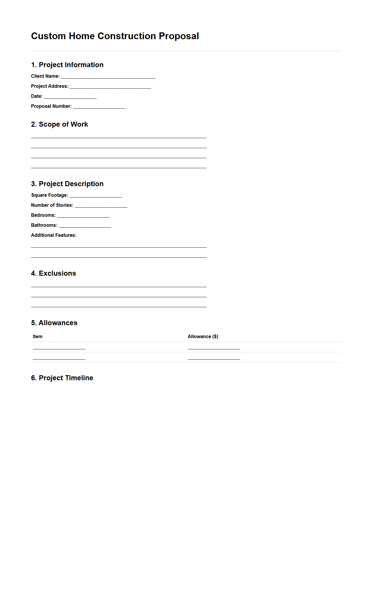Blank Custom Home Construction Proposal Document