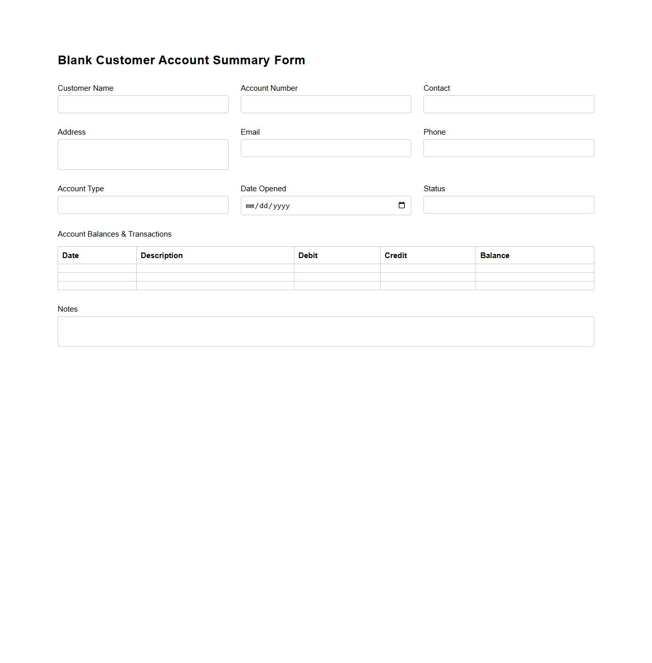 Blank Customer Account Summary Form