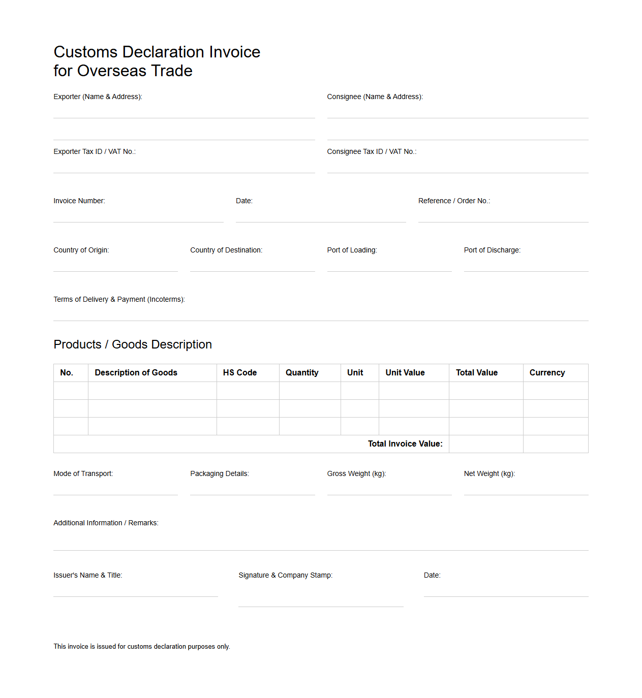 Blank Customs Declaration Invoice for Overseas Trade