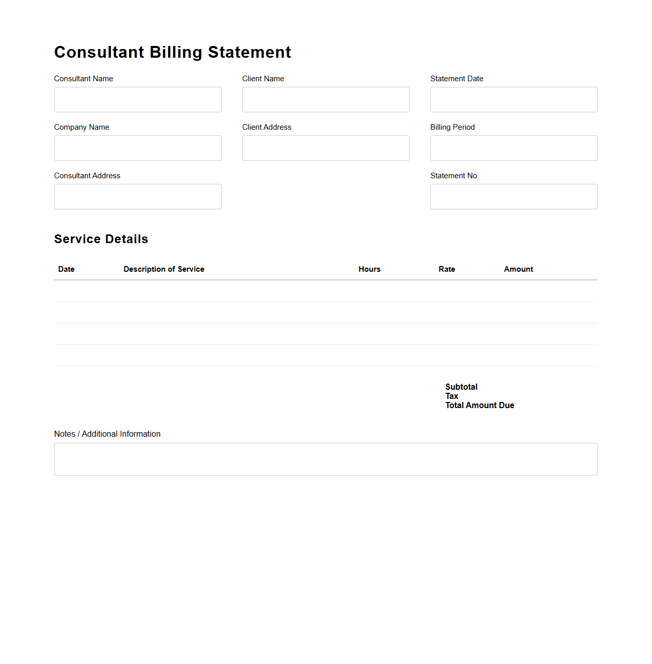 Blank Detailed Consultant Billing Statement