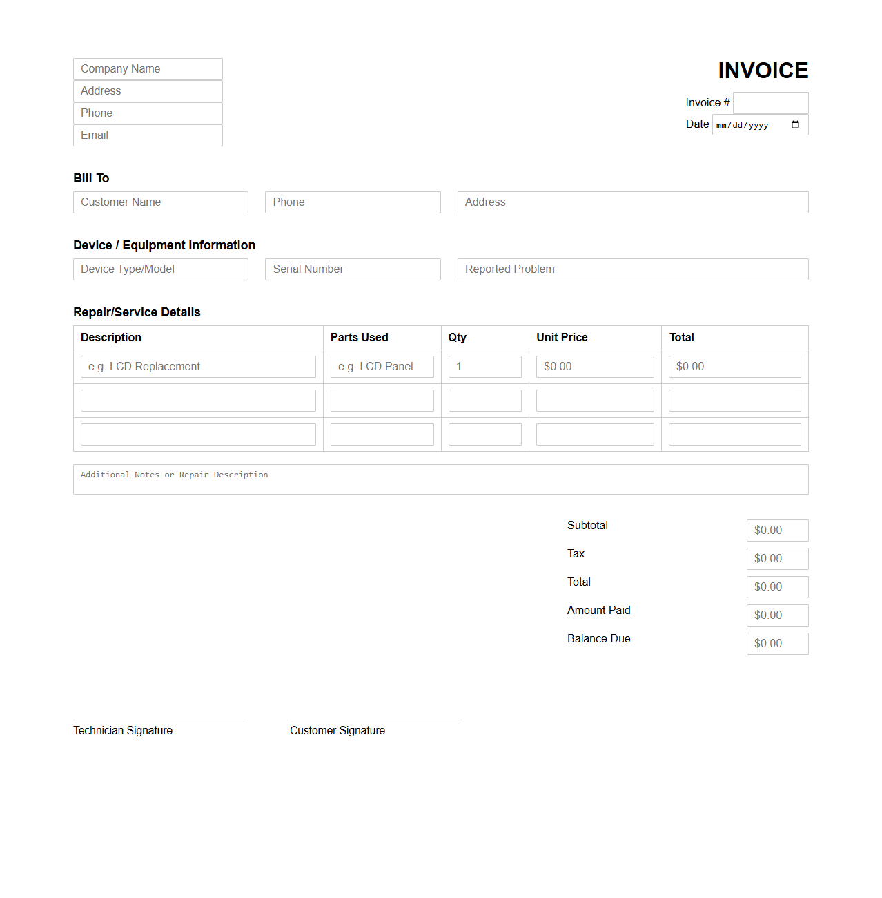 Blank Electronics Repair Invoice Template for Technicians