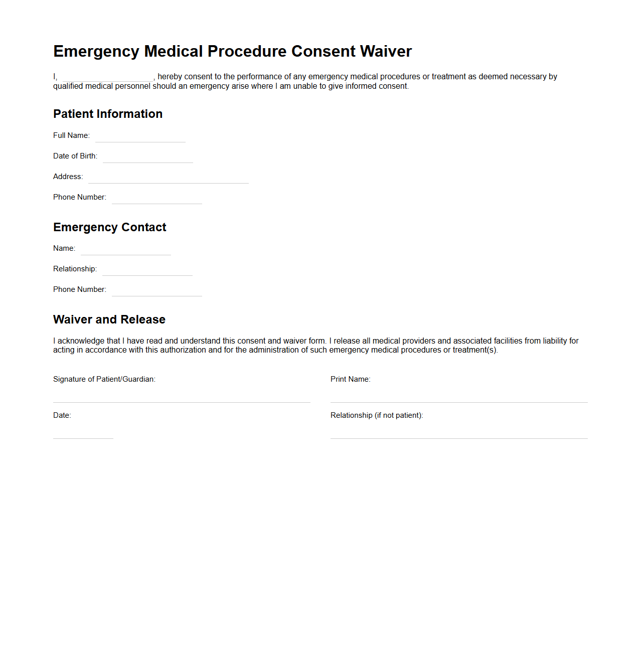 Blank Emergency Medical Procedure Consent Waiver