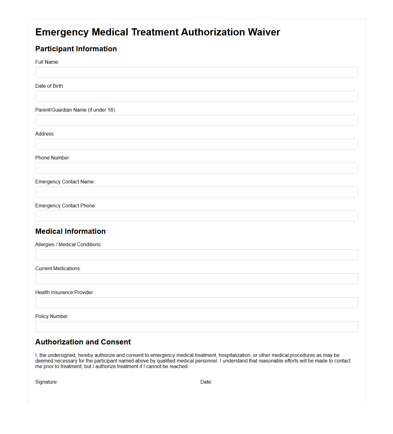 Blank Emergency Medical Treatment Authorization Waiver