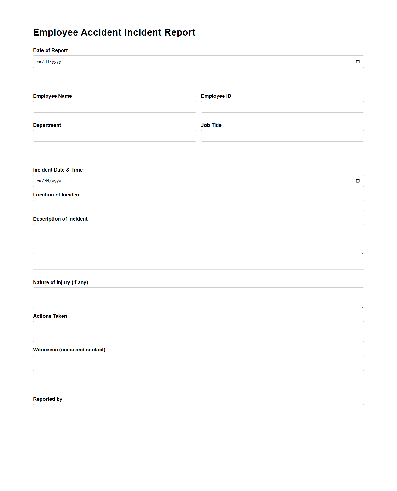 Blank Employee Accident Incident Report Template