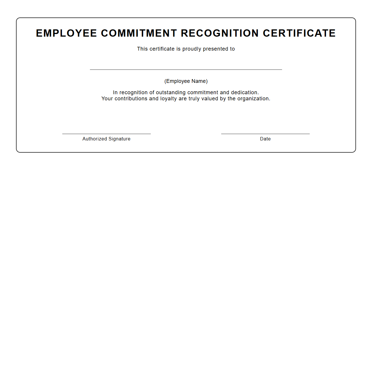 Blank Employee Commitment Recognition Certificate
