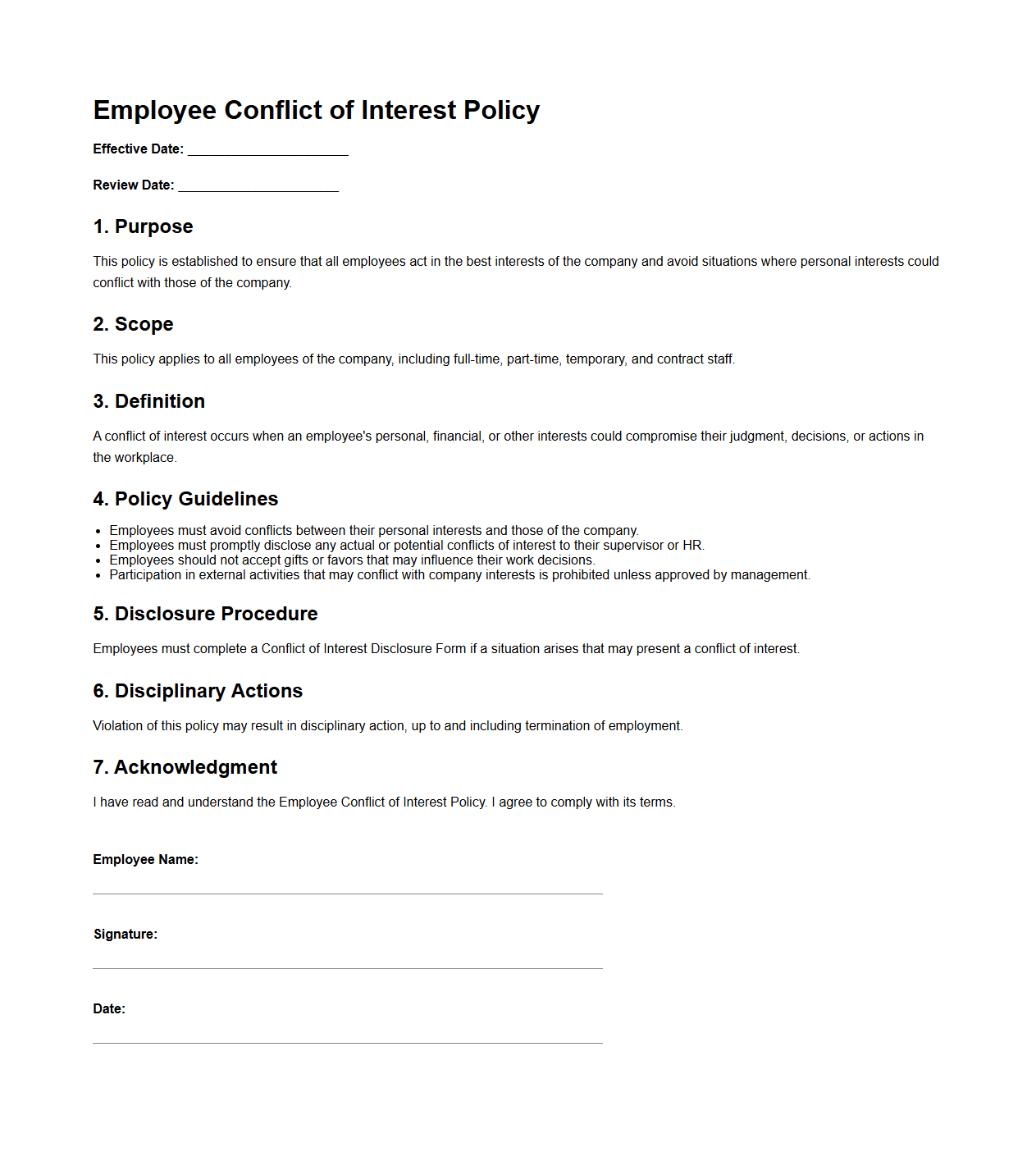 Blank Employee Conflict of Interest Policy Template