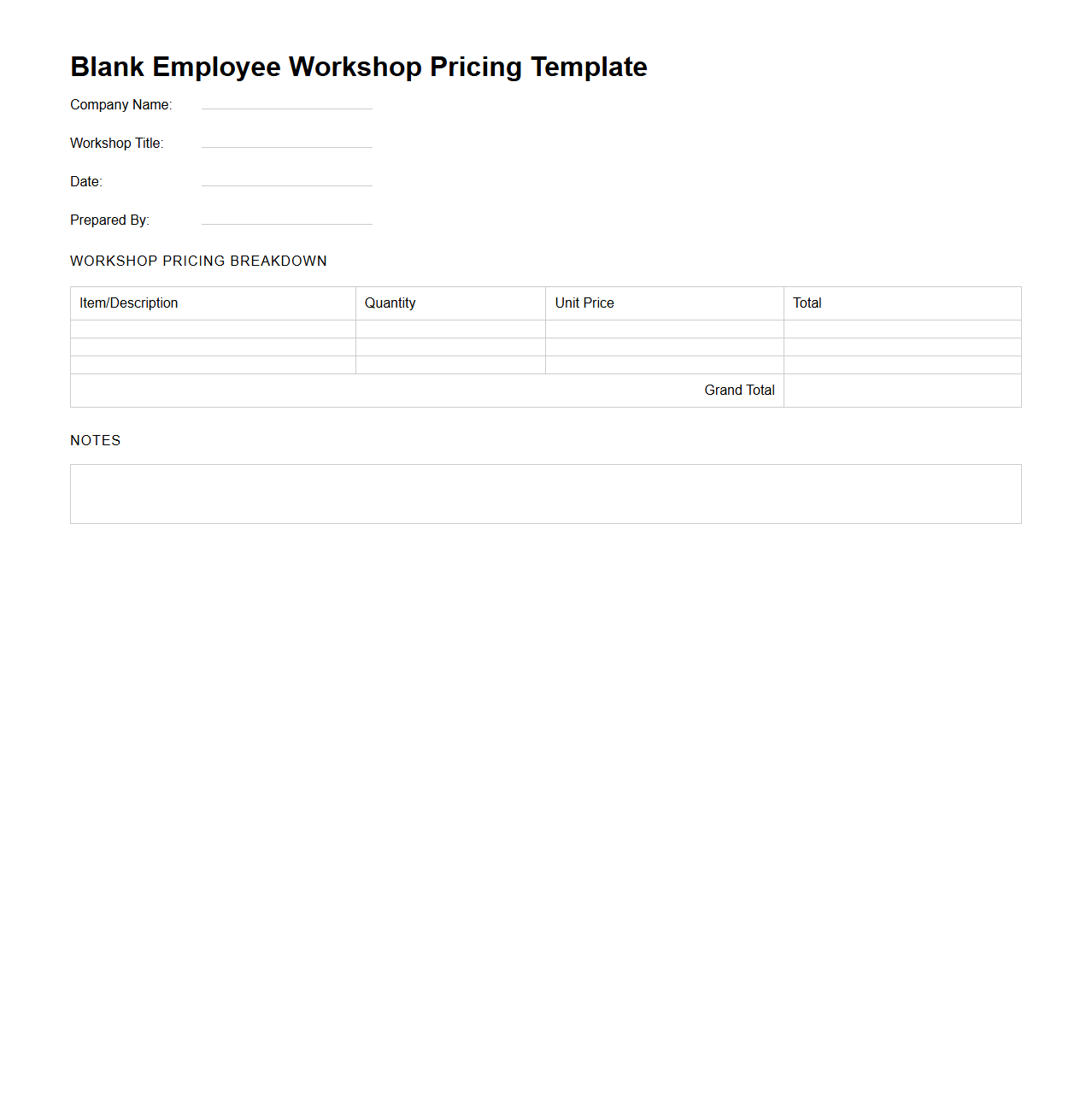 Blank Employee Workshop Pricing Template