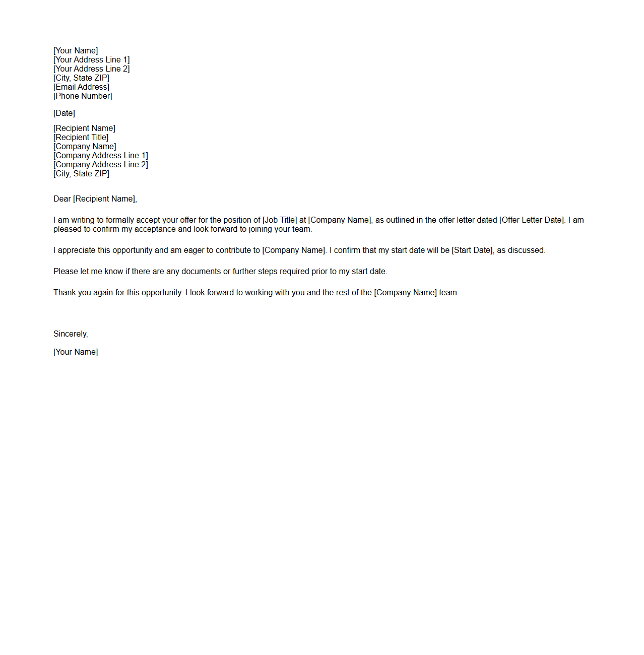 Blank Employment Offer Acceptance Letter Template