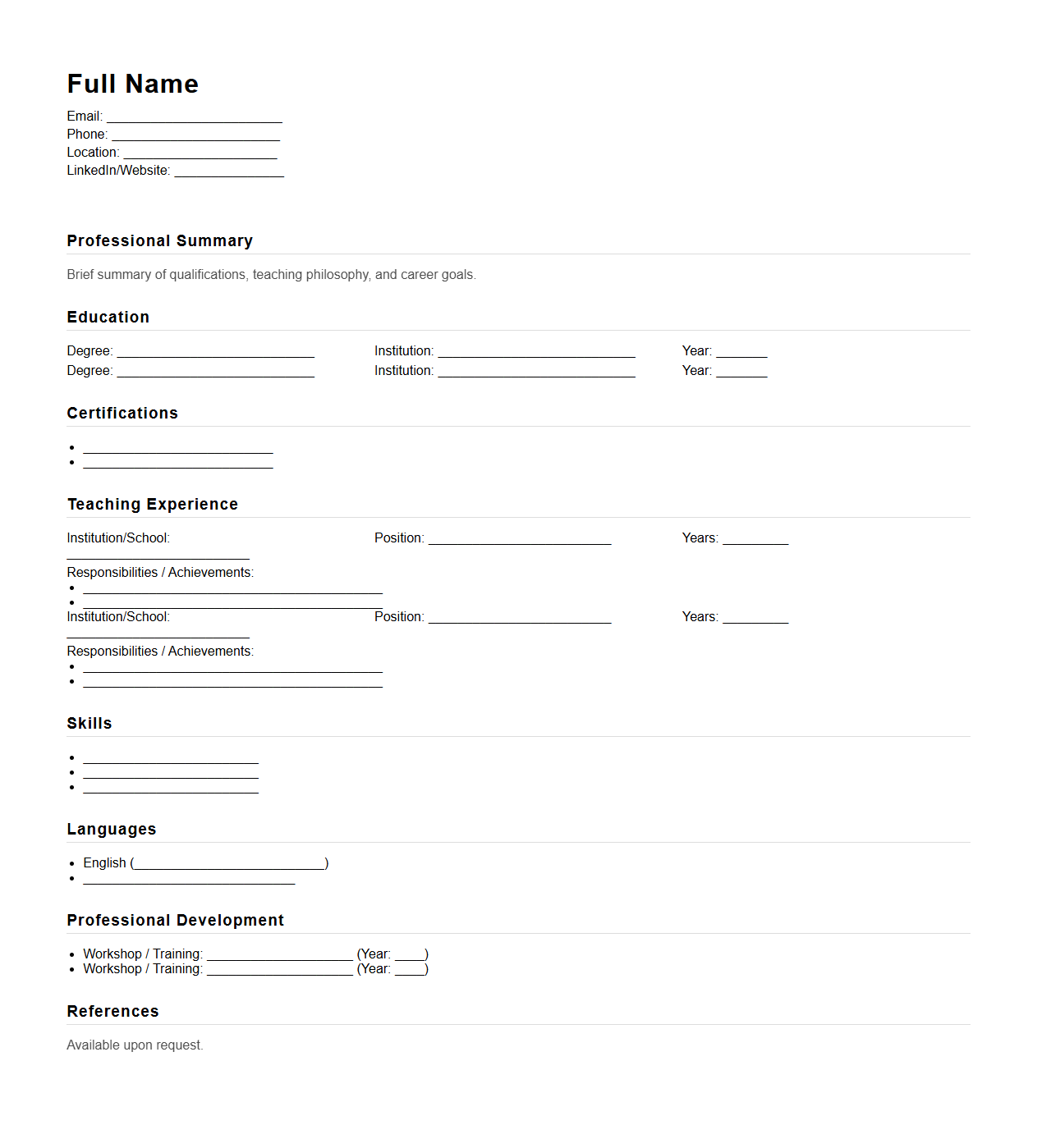 Blank ESL Teacher Resume Template for Language Instructors
