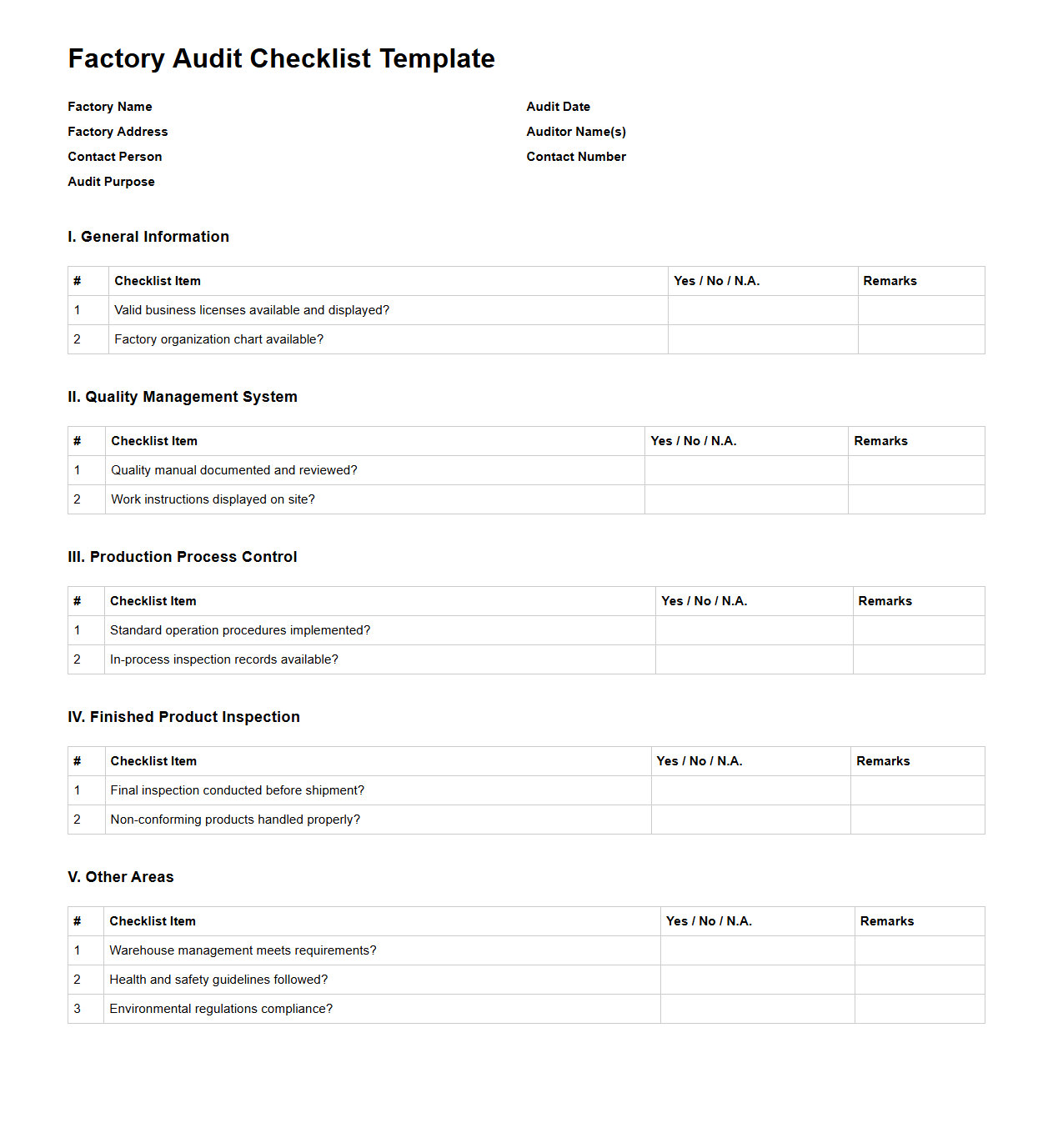 Blank Factory Audit Checklist Template for Quality Verification