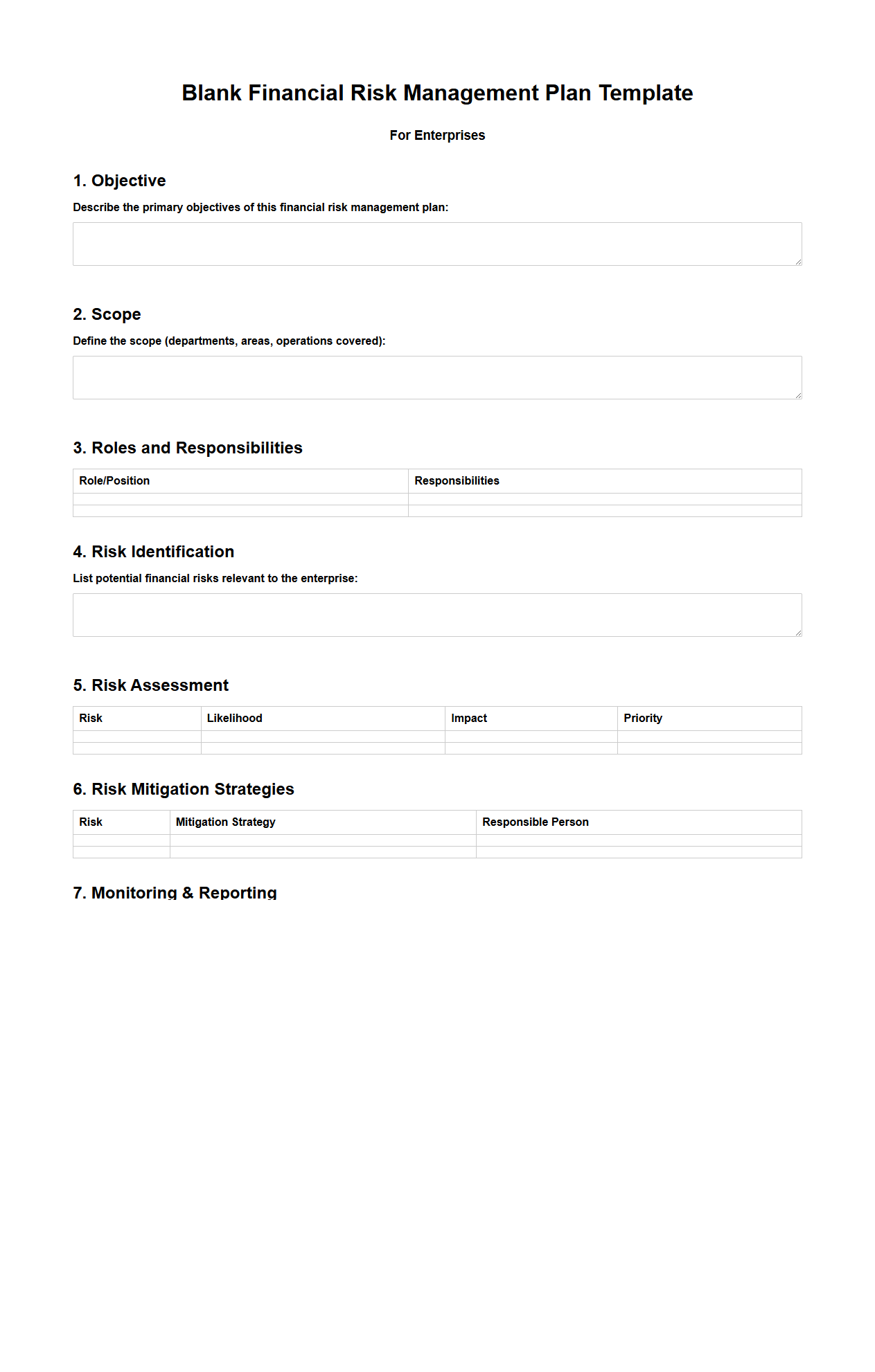 Blank Financial Risk Management Plan Template for Enterprises
