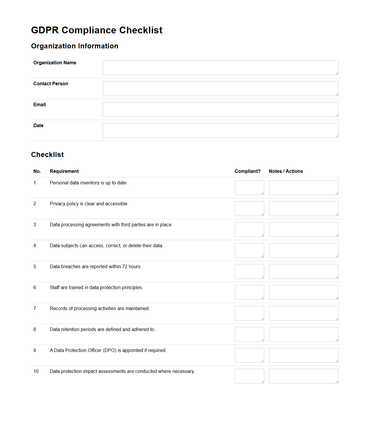 Blank GDPR Compliance Checklist Template