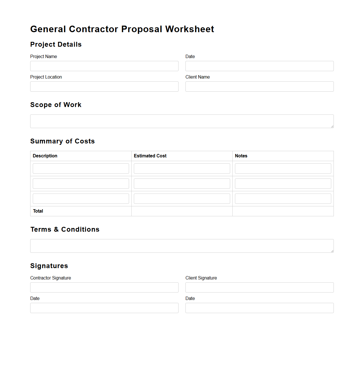 Blank General Contractor Proposal Worksheet