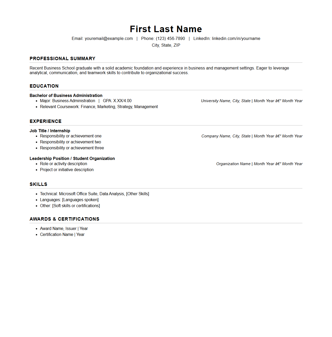 Blank Graduate Resume Template for Business School Graduates