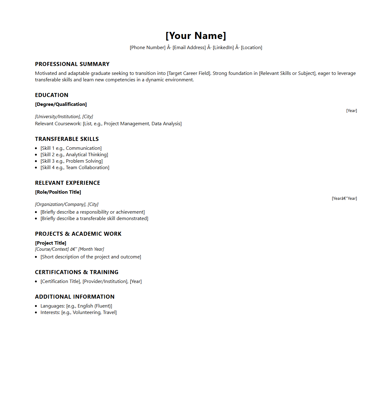 Blank Graduate Resume Template for Career Change Beginners