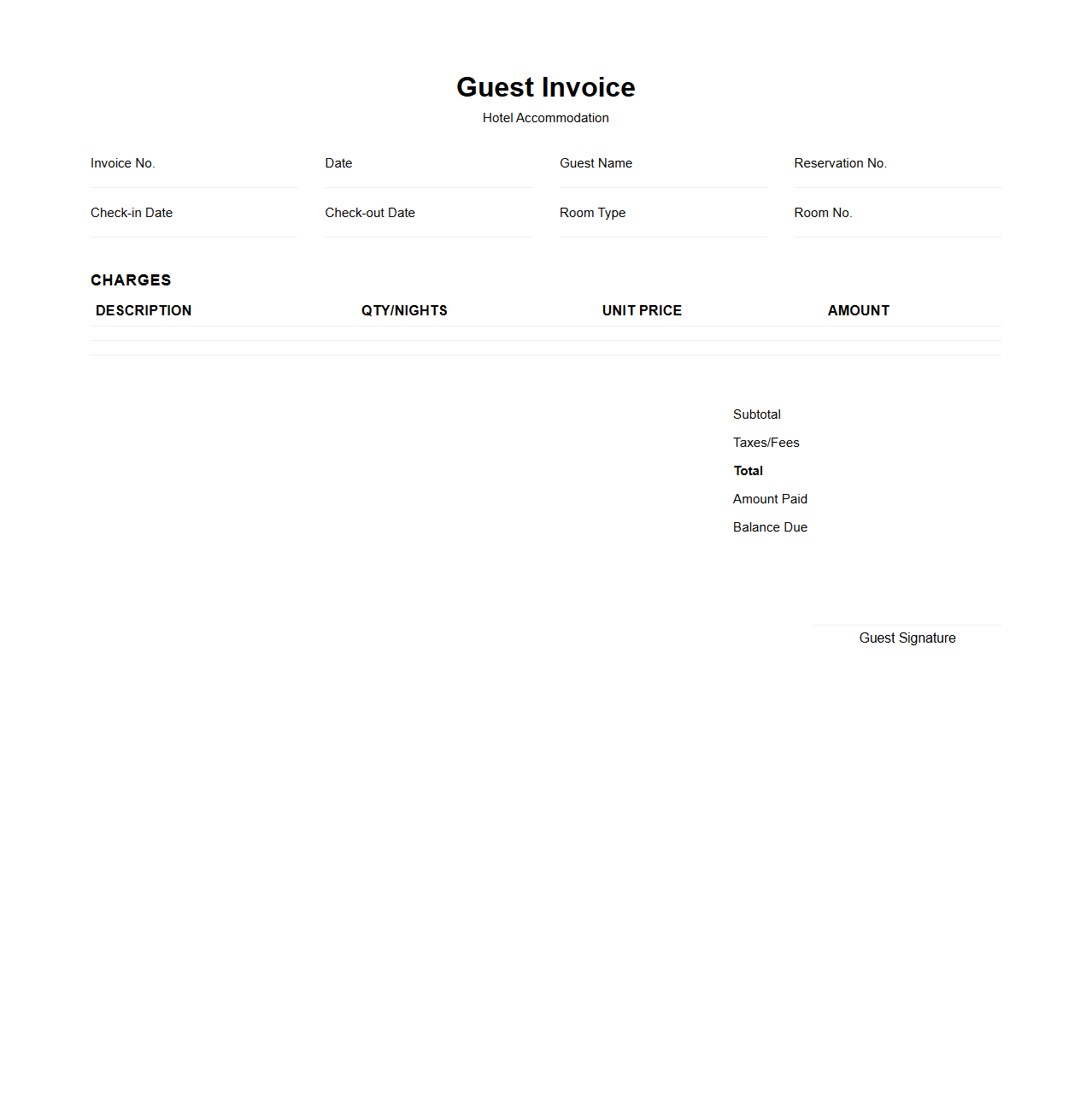 Blank Guest Invoice for Hotel Accommodation