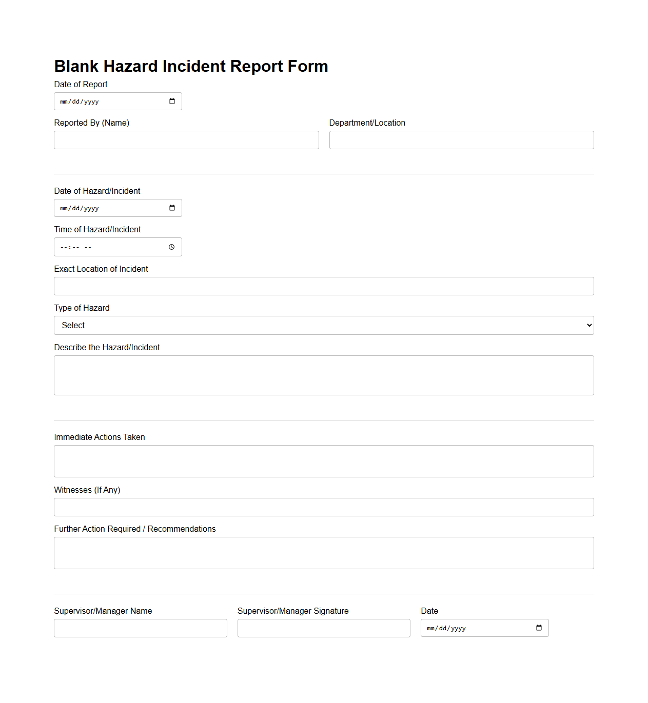 Blank Hazard Incident Report Form for Workplaces