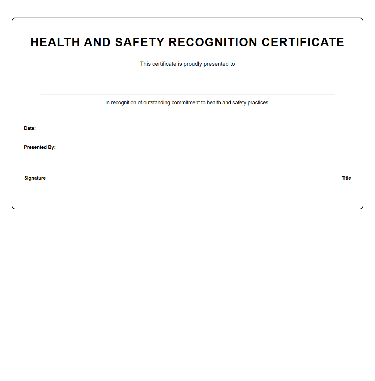 Blank Health and Safety Recognition Certificate