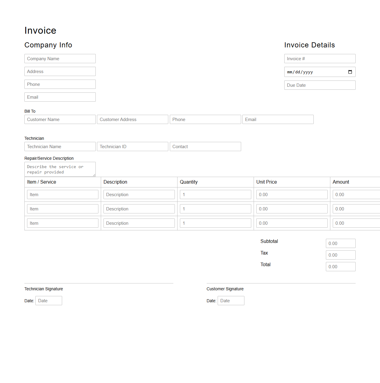 Blank Home Repair Invoice Template for Technicians