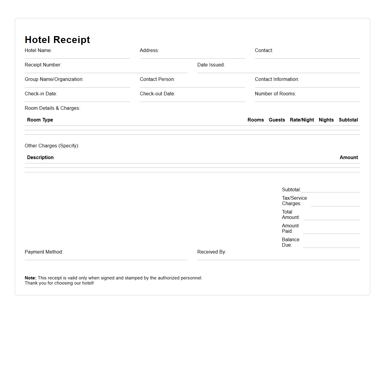 Blank Hotel Receipt Template for Group Bookings
