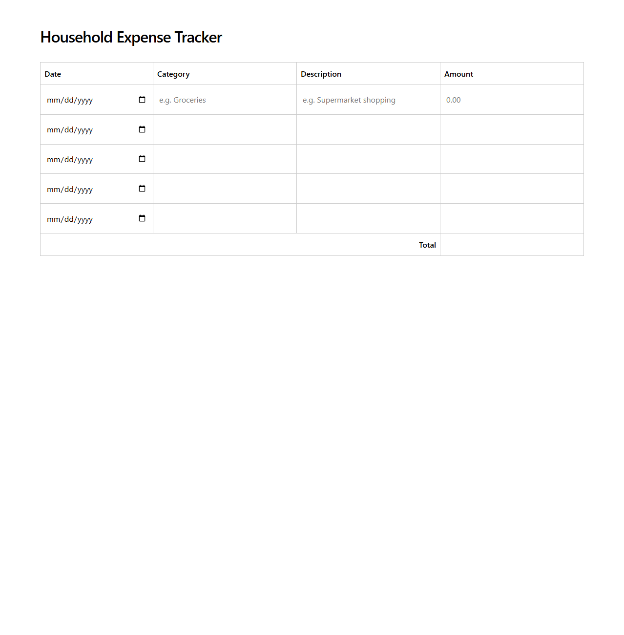 Blank Household Expense Tracker Template