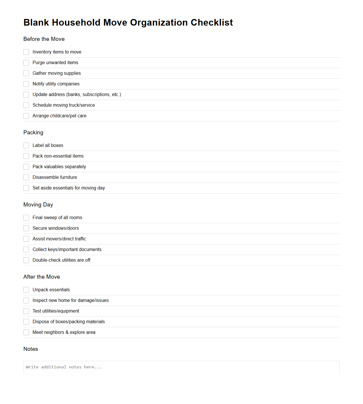 Blank Household Move Organization Checklist