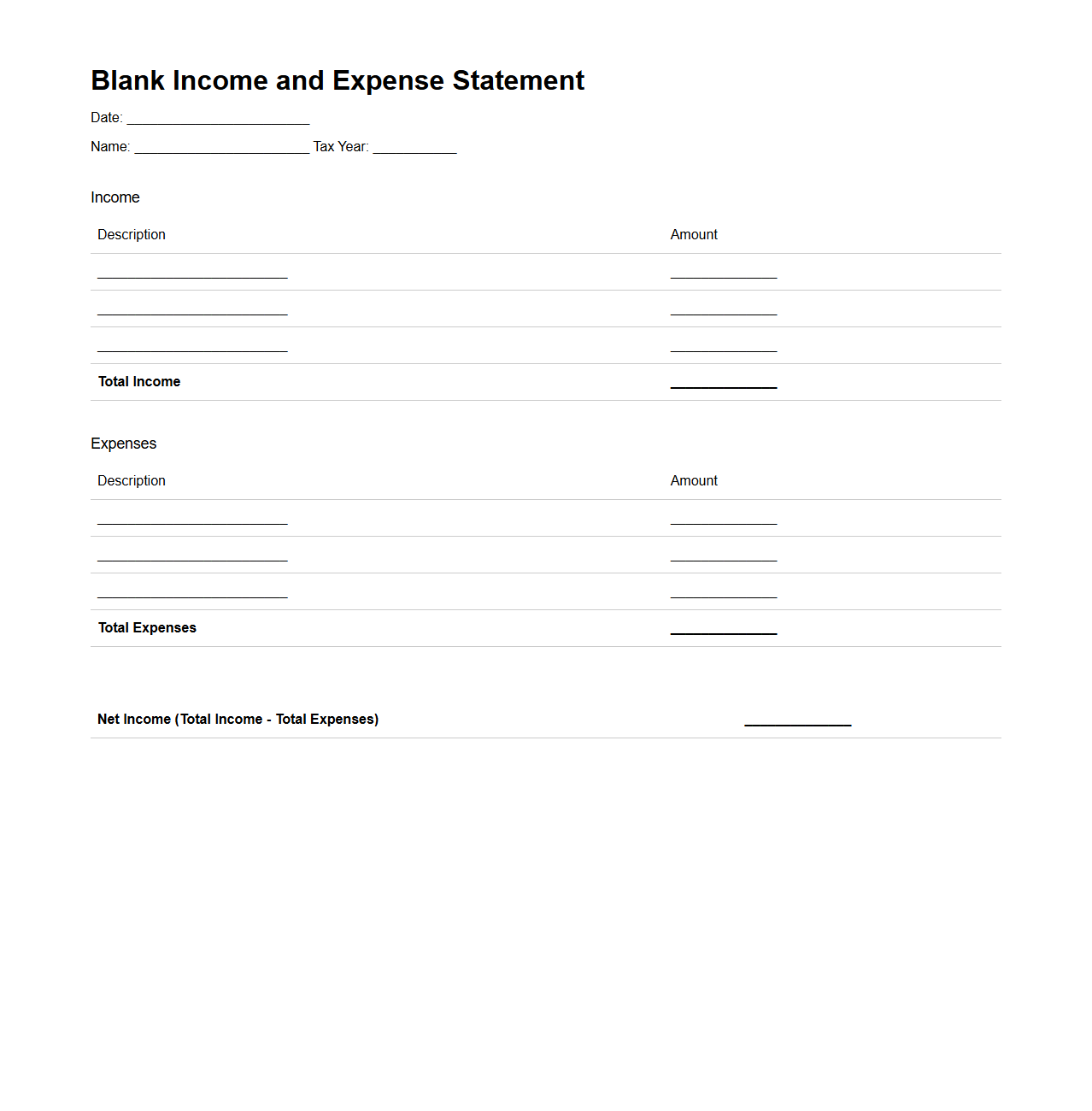 Blank Income and Expense Statement for Taxes