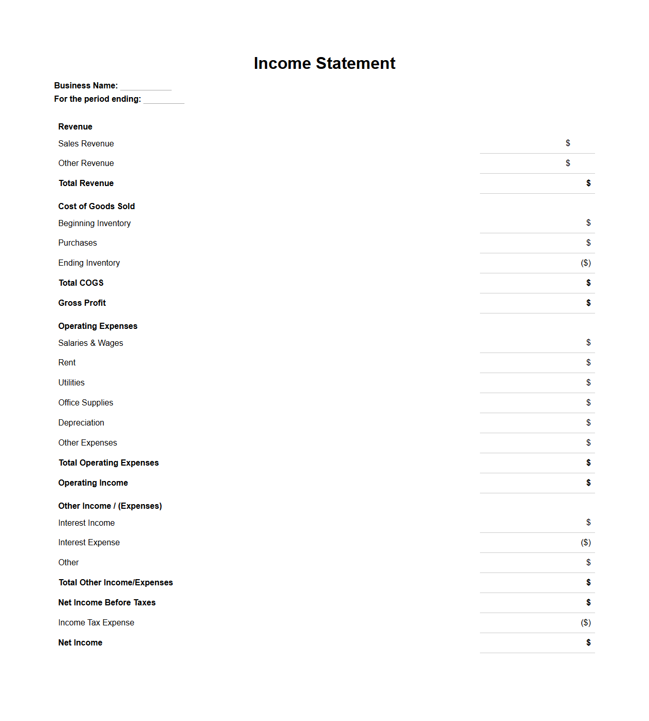 Blank Income Statement Template for Small Business Accounting