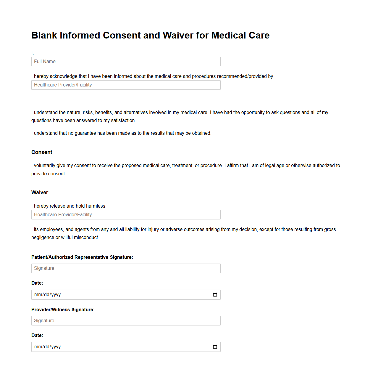 Blank Informed Consent and Waiver for Medical Care